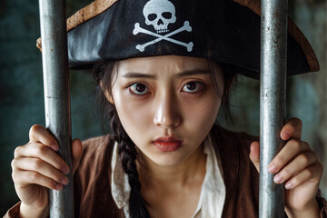 Young Asian woman with pirate hat, jolly roger skull and bones on top, looking from behind prison jail bars. Piracy is a crime concept. Generative AI © Lubo Ivanko