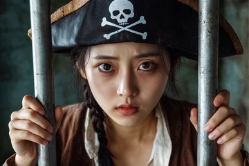 Young Asian woman with pirate hat, jolly roger skull and bones on top, looking from behind prison jail bars. Piracy is a crime concept. Generative AI © Lubo Ivanko