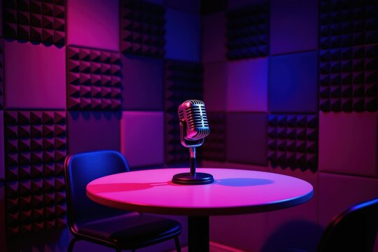 Retro podcast studio with soundproof walls. One vintage mic stands on table under neon glow. Two chairs wait for interview guests in dark room.