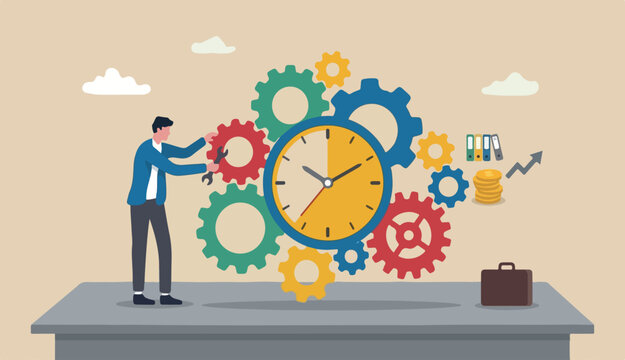 Efficiency or productivity, manage resources time optimize work result, increase or performance with effective process, businessman combine big desk clock timer or gear cogwheel for best efficiency