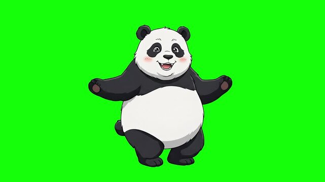 A cute, happy 2D cartoon panda bear smiles, raises its arms, and dances happily against a solid green screen backdrop. Designed for chroma key compositing, this cheerful animation is perfect for child