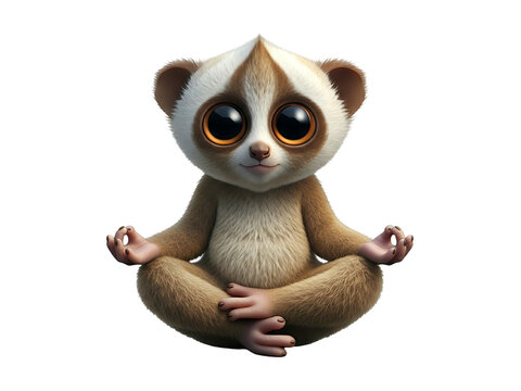 Meditating slow loris with large eyes and brown fur on transparent background