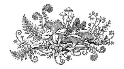 Vintage mushroom and fern vector illustration in stipple engraving style halftone grunge mushroom field sketch vector isolated on white background © SUMON