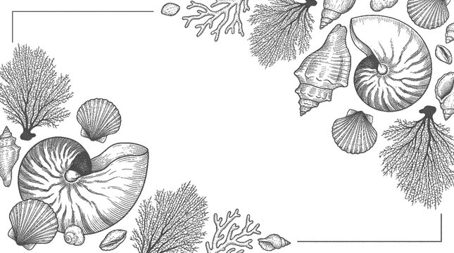 marine life background Vintage hand drawn seashell and coral frame background vector engraving nautilus sea shell frame with stipple halftone texture