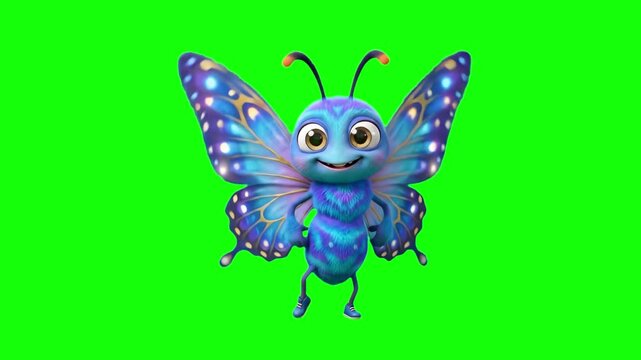 A beautiful 3D stylized purple and blue butterfly character with glowing wing patterns, large cute eyes, and a sweet smile dancing against a solid bright green screen background. Great keyable asset f