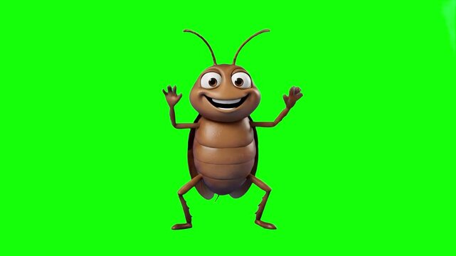 A friendly 3D animated brown beetle or cockroach mascot featuring long antennae and big expressive eyes, dancing happily with arms raised against a solid green screen backdrop. Ideal for funny pest co
