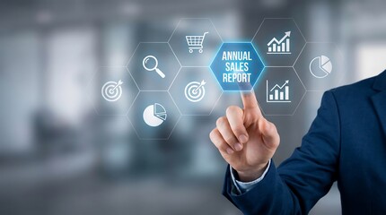 Fototapeta premium Annual Sales Report on modern digital interface. Executive analyzes business growth strategy and financial performance data visualization with futuristic technology.