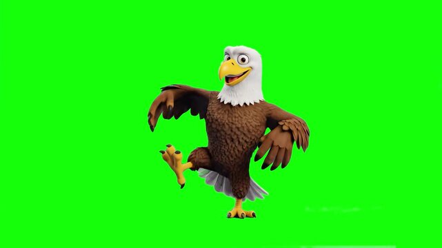 A cheerful 3D animated bald eagle mascot with a happy expression, brown feathers, and a white head, joyfully stepping and dancing against a solid chroma key green screen. Perfect for school sports mas