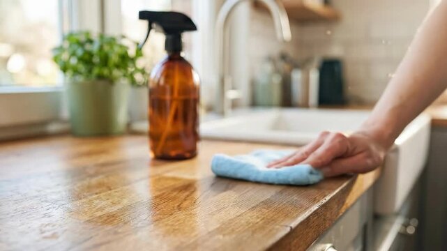 Mans hand with red rash wiping wooden kitchen counter using blue cloth. Awareness concept for world allergy day and asthma prevention in home hygiene
