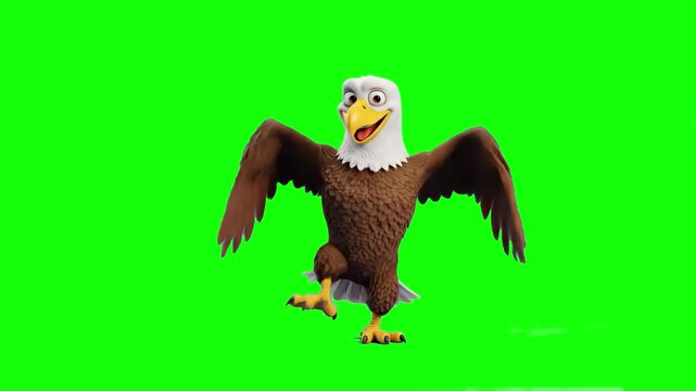 A cheerful 3D animated bald eagle mascot with a happy expression, brown feathers, and a white head, joyfully stepping and dancing against a solid chroma key green screen. Perfect for school sports mas