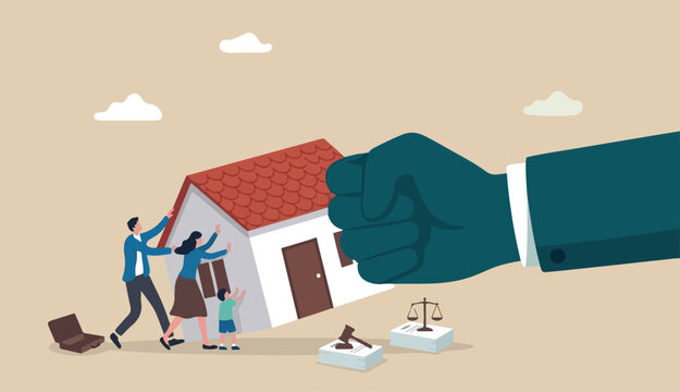 Eviction and mortgage debt, foreclosure difficulty payback bank mortgage loan concept, bankruptcy man an family fighting hold back their house with big legal hand evict it by law