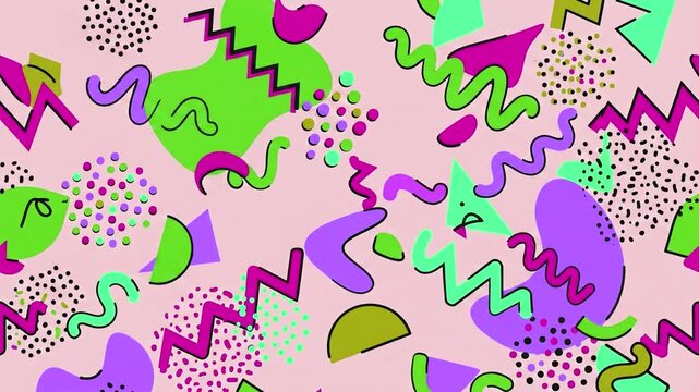 A stylized retro abstract background featuring a soft pastel pink layout where vibrant lime green, purple, and teal geometric elements bounce and change positions in a fast-paced stop-motion collage s