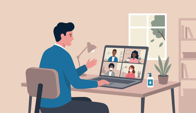 Work from home video conference meeting team social distancing Coronavirus COVID-19 pandemic concept, office guy stay to home working home chair conference meeting with team laptop computer