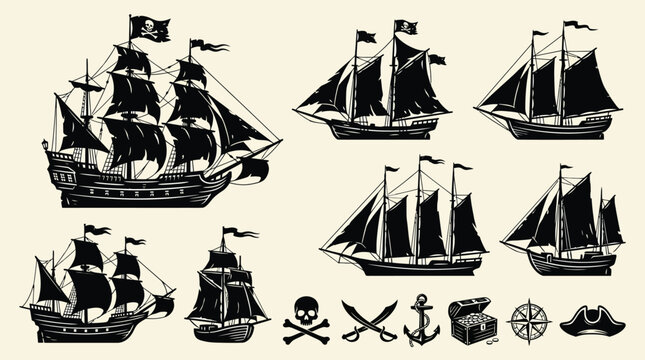 A collection of vintage pirate ships and nautical symbols on a beige background with vector graphics