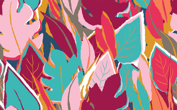 Floral seamless with hand drawn color exotic monstera leaves. Cute summer background. Tropic branches. Modern floral compositions. Fashion vector illustration for wallpaper, fabric, textile.