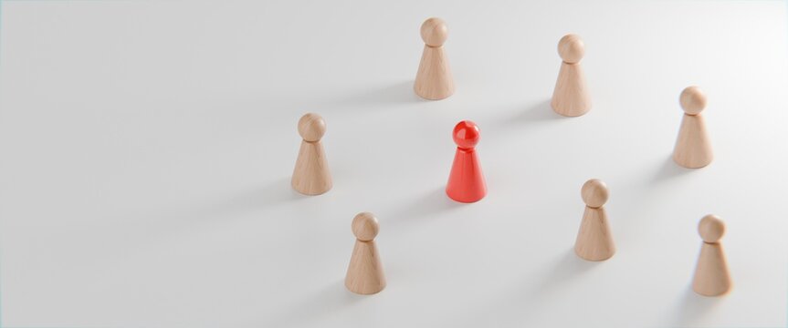 3d pawn figurines on a solid colour background with one highlighted in red, inclusion, individuality, business background