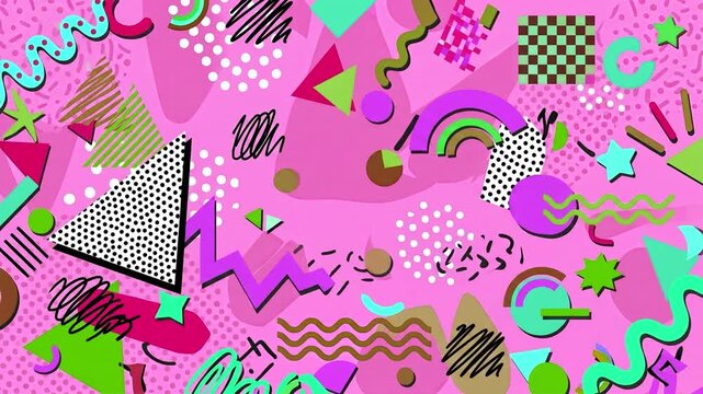 A high-energy 90s aesthetic abstract backdrop in deep pink and magenta tones, featuring a messy doodle collage of green triangles, purple curves, and zig-zags shifting positions in a playful stop-moti