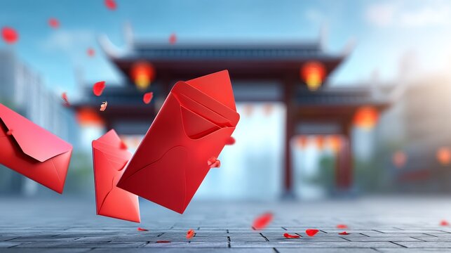 Vibrant Red Envelopes Floating Above Stone Courtyard with Lanterns