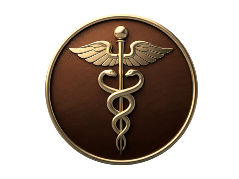 Medical caduceus emblem gold design on brown roundel transparent background