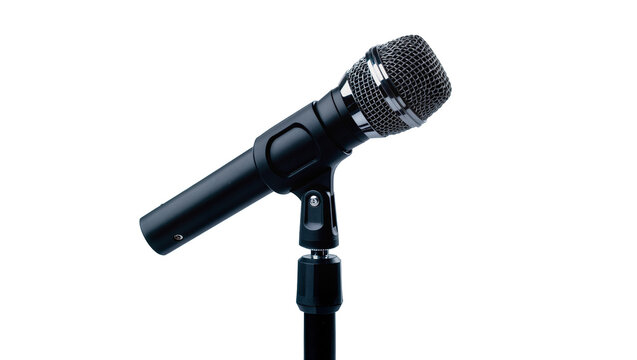 Isolated close-up of a black dynamic microphone on a stand, ready for a performance