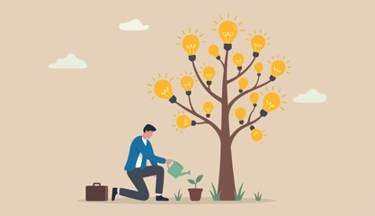 Planting new idea, growing business development, progress growth strategy, solution, learning, education creativity concept, smart businessman watering seedling grow high lightbulb ideas © kadir
