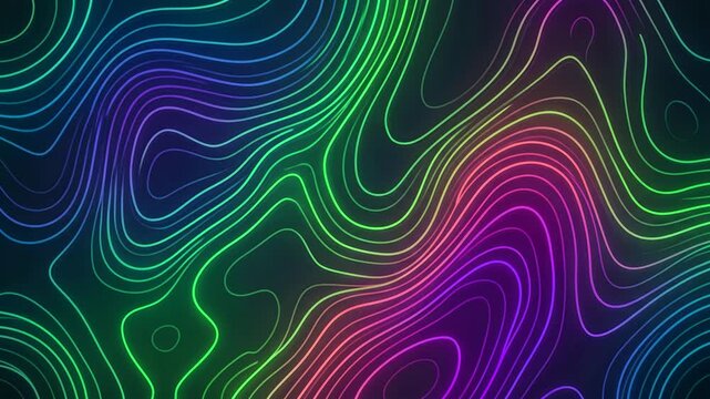 A vibrant gradient background showcasing glowing neon green, blue, and purple topographic wave lines changing shapes frame by frame with a jumpy stop-motion effect. Excellent for creative youth brandi
