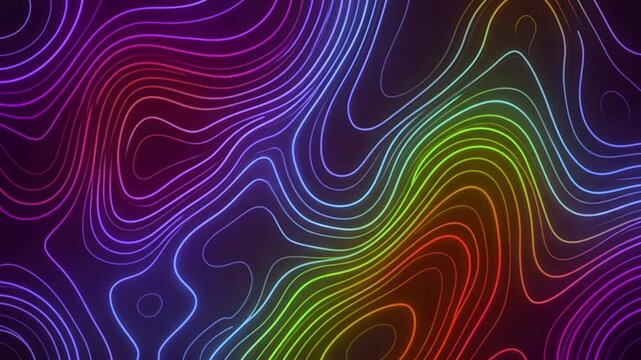 A vibrant gradient background showcasing glowing neon green, blue, and purple topographic wave lines changing shapes frame by frame with a jumpy stop-motion effect. Excellent for creative youth brandi