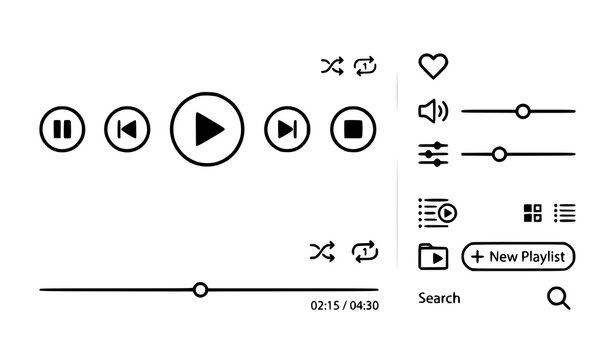 Minimal media player user interface set with playback buttons and timeline controls vector illustration isolated on white background