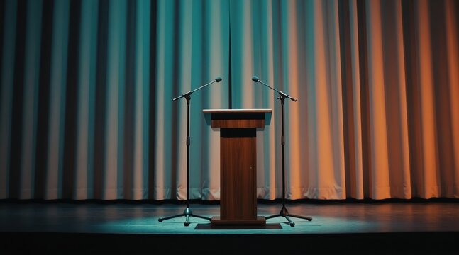 Wooden lectern and microphones stand on empty stage with dimmed lighting. Tall curtains hang behind, creating a dramatic atmosphere for a speech or performance. Ready for speaker.