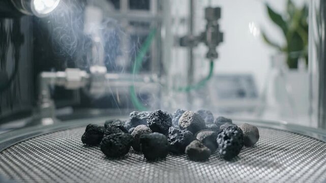 Atmospheric green chemistry laboratory experiment steaming activated charcoal pellets metal sieve porous pellet briquette sample smoking catalyst