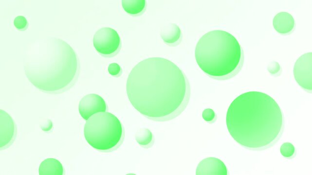 A refreshing 2D graphic backdrop showcasing soft mint green gradient spheres and floating bubbles bouncing and relocating in a fast-paced stop-motion collage style with realistic drop shadows. Great f