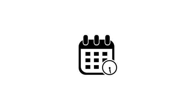 Animated date calender with clock icon concept with clock icon, Black Calendar and Clock Icon Animation on Clean White Background for Time Management Scheduling, with 4k video animation.