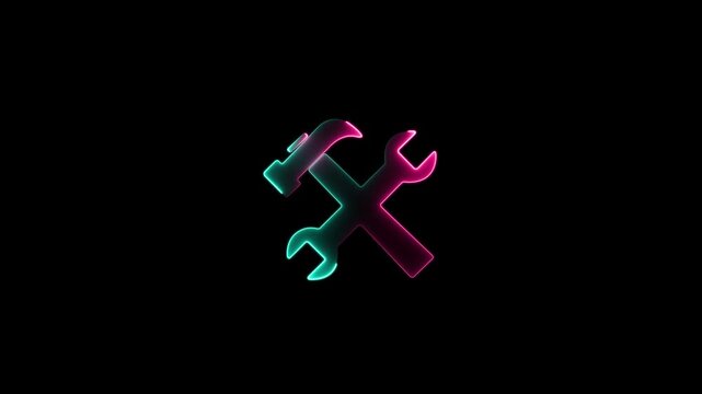 Glitch Effect Crossed Hammer and Wrench Icon Animation with Red and Green Neon Light Glow on Isolated Black Background for Tech Error System Maintenance and Cyber Distortion.