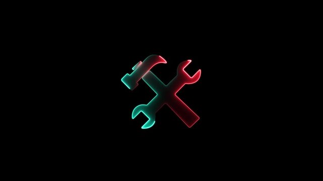 Futuristic Pink and Cyan Green Glitch Effect Hammer and Wrench Tools Icon Animation Loop on Black Background for Creative Web Development Options and Tech Settings Concepts.