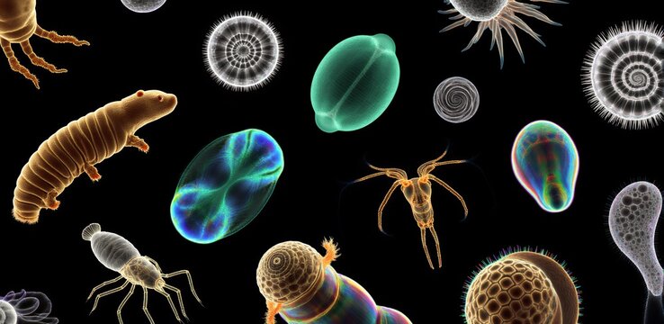 Microscopic Life Forms Black Background Microorganisms