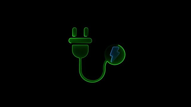 Futuristic Green and Cyan Blue Glitch Effect Electric Plug Charging Icon Animation Loop on Black Background for Renewable Energy and Eco Friendly Tech Concepts.