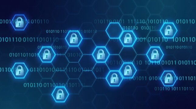 Cybersecurity network with glowing lock icons and binary code hexagon pattern