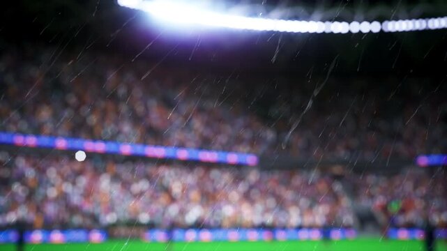 Close up of raindrops falling across a 3D rendered soccer stadium, with a passionate crowd and blurry tribune fans watching a football match in rainy weather and stormy match atmosphere.