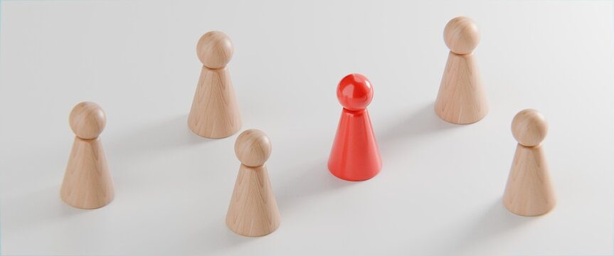 3d pawn figurines on a solid colour background with one highlighted in red, inclusion, individuality, business background
