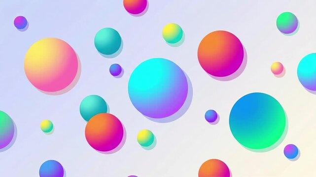 A lively 2D graphic background featuring vivid cyan, magenta, and yellow gradient spheres jumping and changing positions in a fast-paced stop-motion loop with realistic drop shadows. Perfect for youth