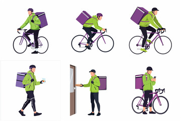 Obraz premium Food Delivery Courier Set on Bicycle, Flat Vector Illustration of Delivery Service Professional with Thermal Backpack