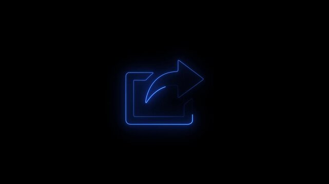 Glowing neon share arrow icon animation on black background, Glowing Blue Neon Share and Export Icon Animation Loop on Isolated Black Background for Social Media Forwarding.