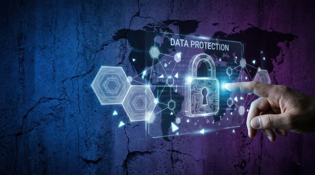 Hand interacting with digital lock labeled DATA PROTECTION on futuristic tech interface against cracked world map backdrop
