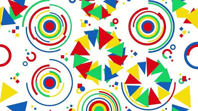 A high-energy abstract backdrop inspired by avant-garde art, featuring colorful triangles, squares, and concentric target circles shifting locations frame by frame with a fast-paced stop-motion effect