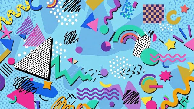 A high-energy 90s aesthetic abstract backdrop in bright blue hues, featuring a messy doodle collage of rainbows, checks, and sharp lightning shapes shifting positions in a jittery stop-motion animatio