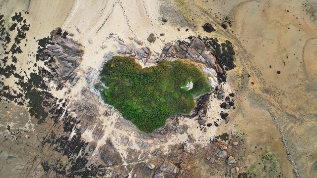 Aerial view of a heart-shaped green island surrounded by rocky shores and sandy beach in Carantec, Brittany, France.