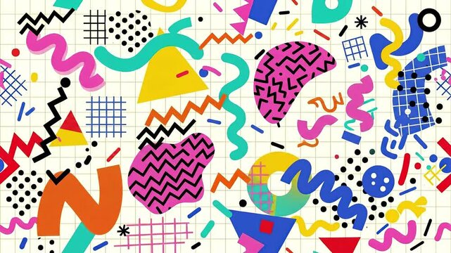 A vibrant retro abstract animation on a subtle school grid graph paper texture, featuring colorful squiggles, triangles, and half-circles changing locations frame by frame with a jittery stop-motion e