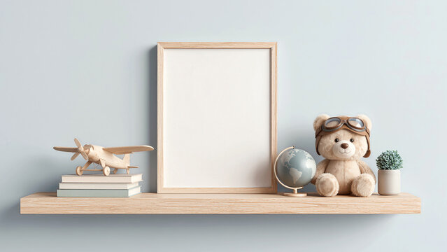 Blank portrait frame mockup on nursery shelf with teddy bear, toy airplane and globe on blue background. Aviation themed children's room decor, wall art display, interior design template