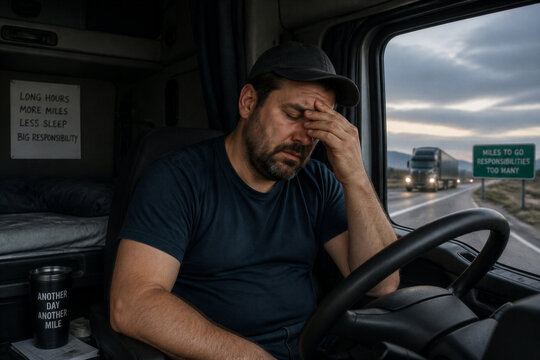 Truck driver rubbing eyes while seated inside cab on highway at dusk