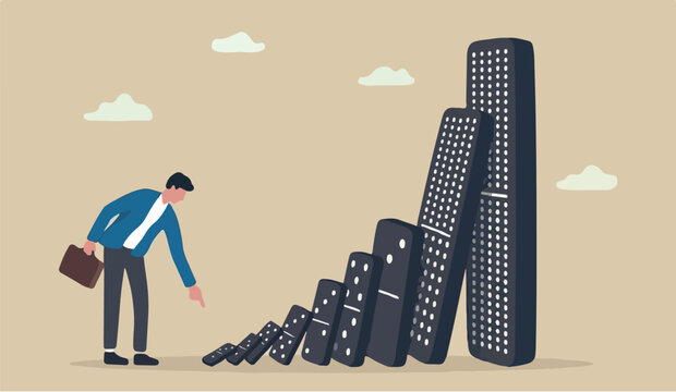 Small tiny the to in habits to change or increase to productivity, efficiency or improvement, easy way to win business success or make a big impact concept, businessman pushing tiny domino to make big